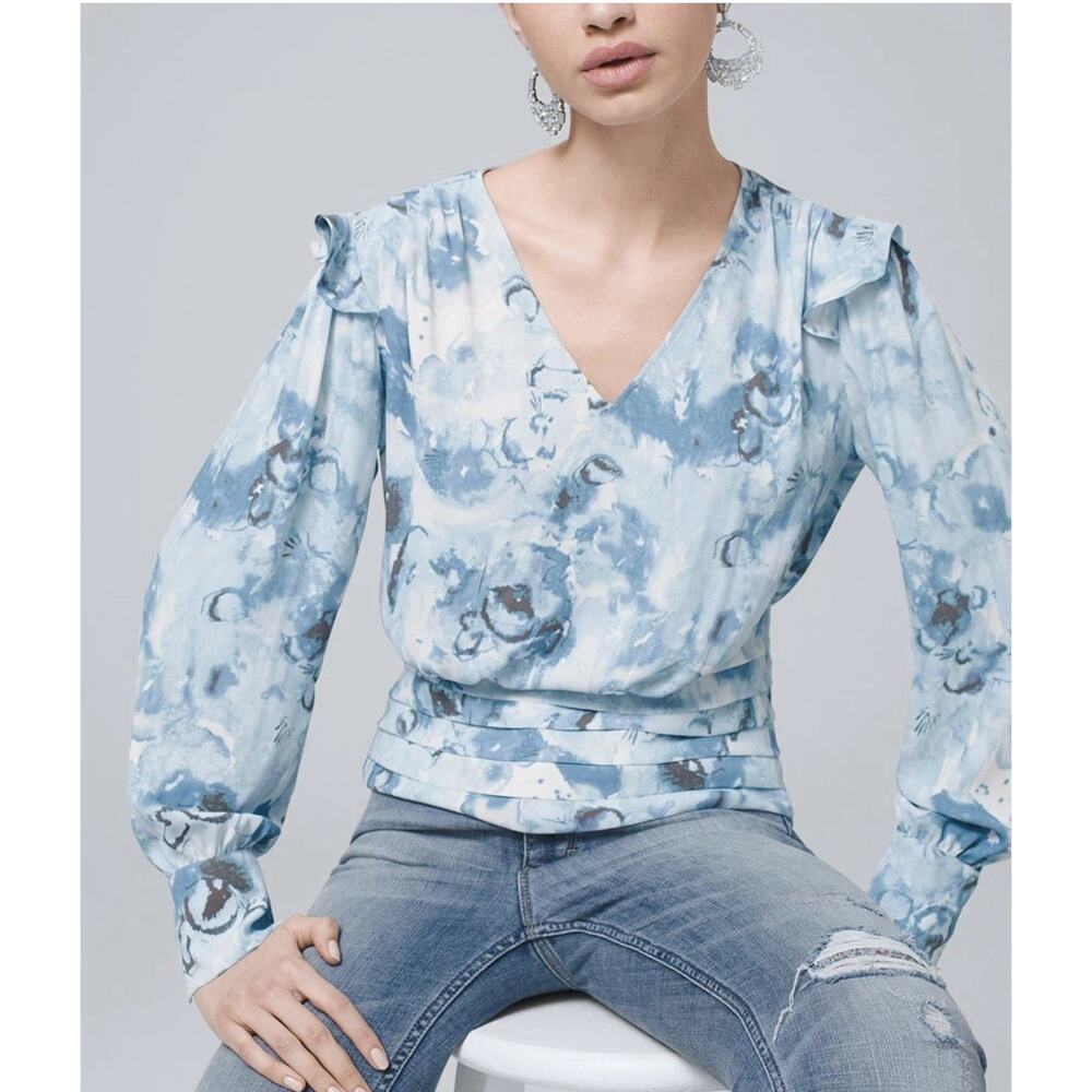 White House Black Market Blue Watercolor V-Neck Blouse